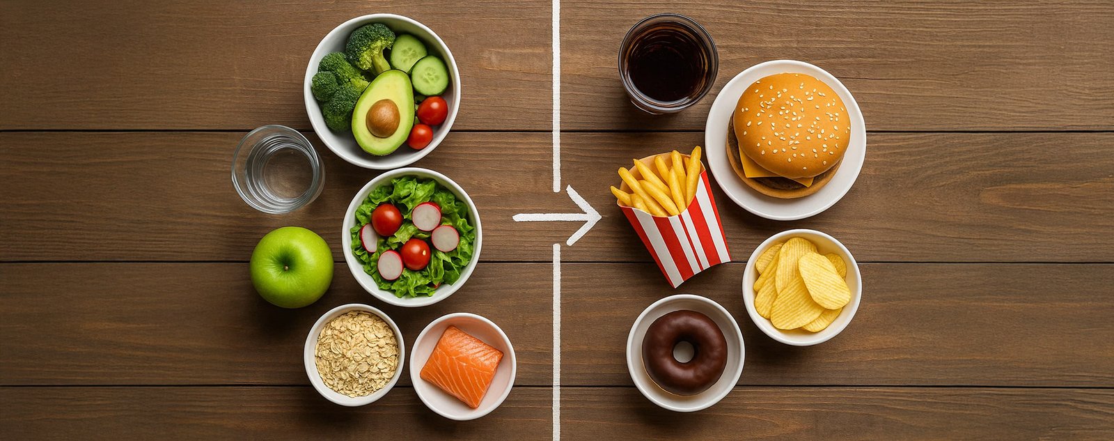 Opciones saludables de comidas vs. opciones dañinas.