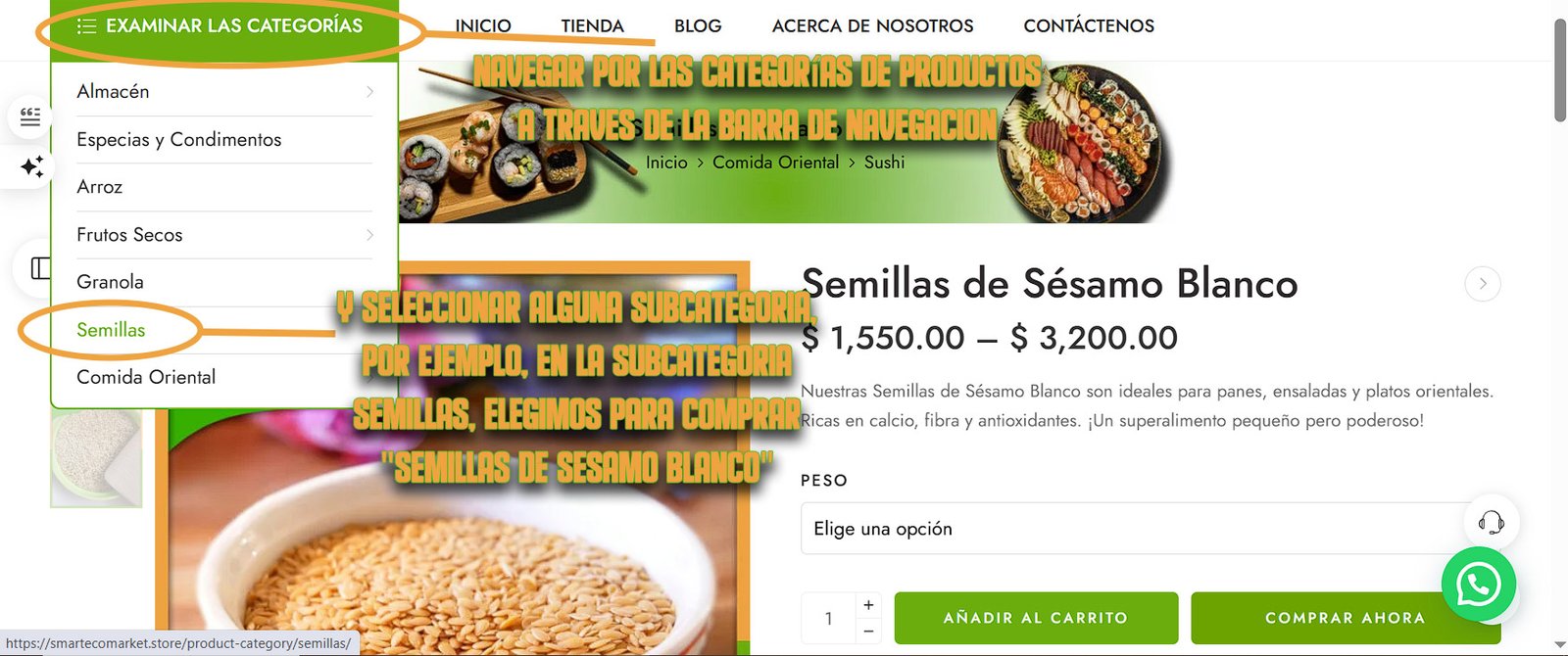 Imagen sobre cómo navegar por categorías y subcategorías en nuestra tienda Smart Eco Market.
