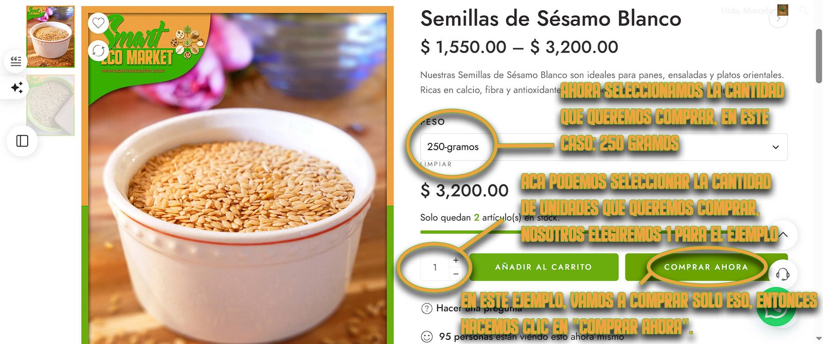 Ejemplo de compra de Semillas de Sésamo Blanco en nuestra tienda Smart Eco Market.