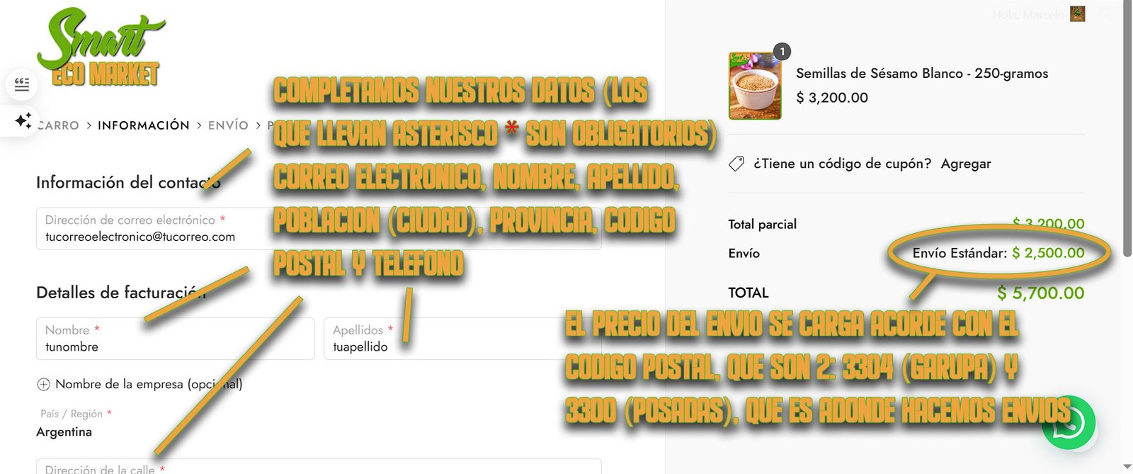 Cargando datos para el envío de la compra en nuestra tienda online Smart Eco Market.