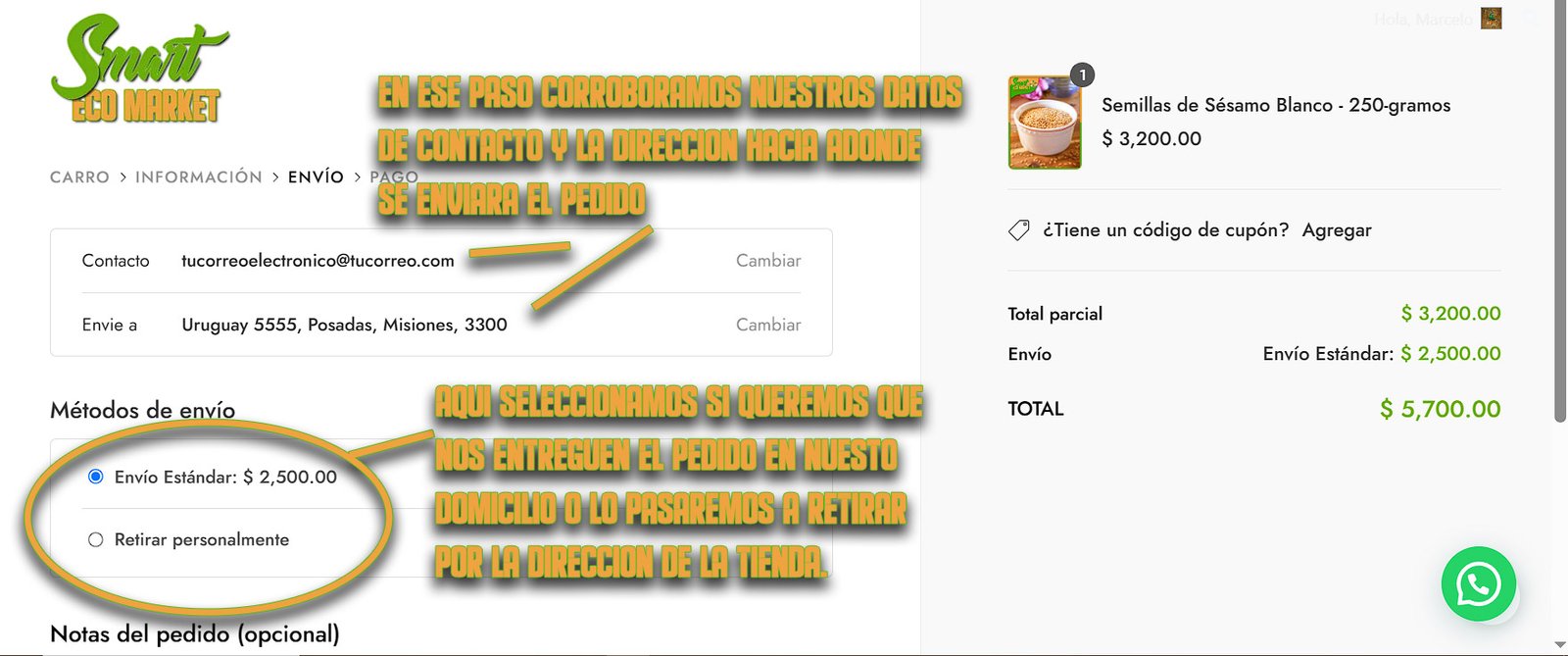 Seleccionando el tipo de envío (a Domicilio o Retirada por el Local) en nuestra tienda online Smart Eco Market.