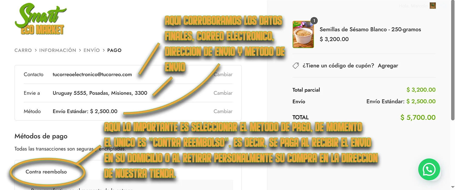 Paso final sobre cómo comprar en nuestra tienda online Smart Eco Market.